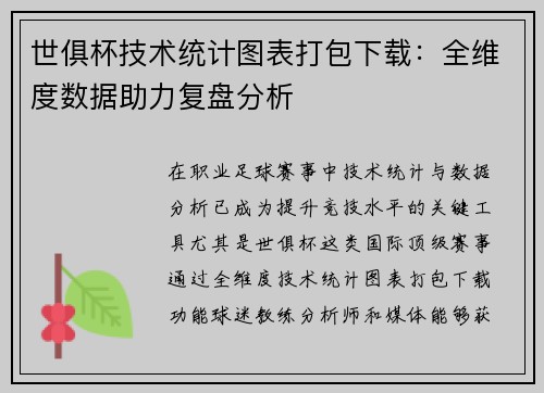 世俱杯技术统计图表打包下载：全维度数据助力复盘分析